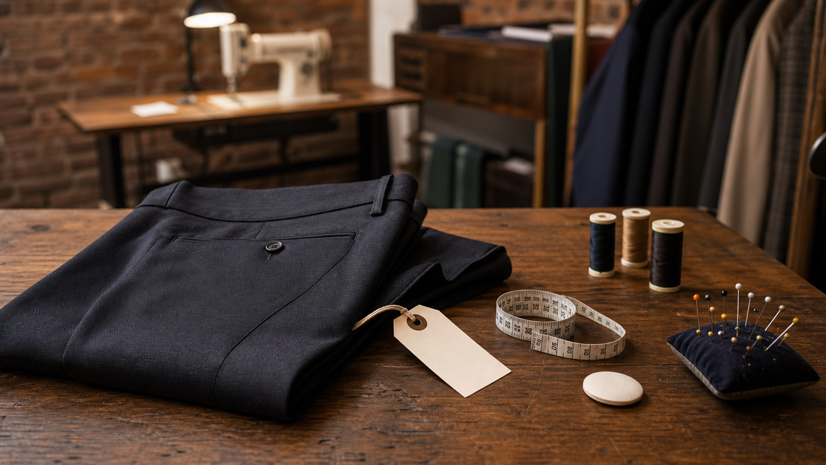 A tailor's worktable with folded trousers, measuring tape, thread, and sewing tools
